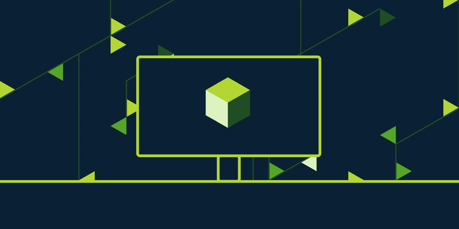 Illustration of a monitor displaying a green cube, representing container workloads running on a Salad PC