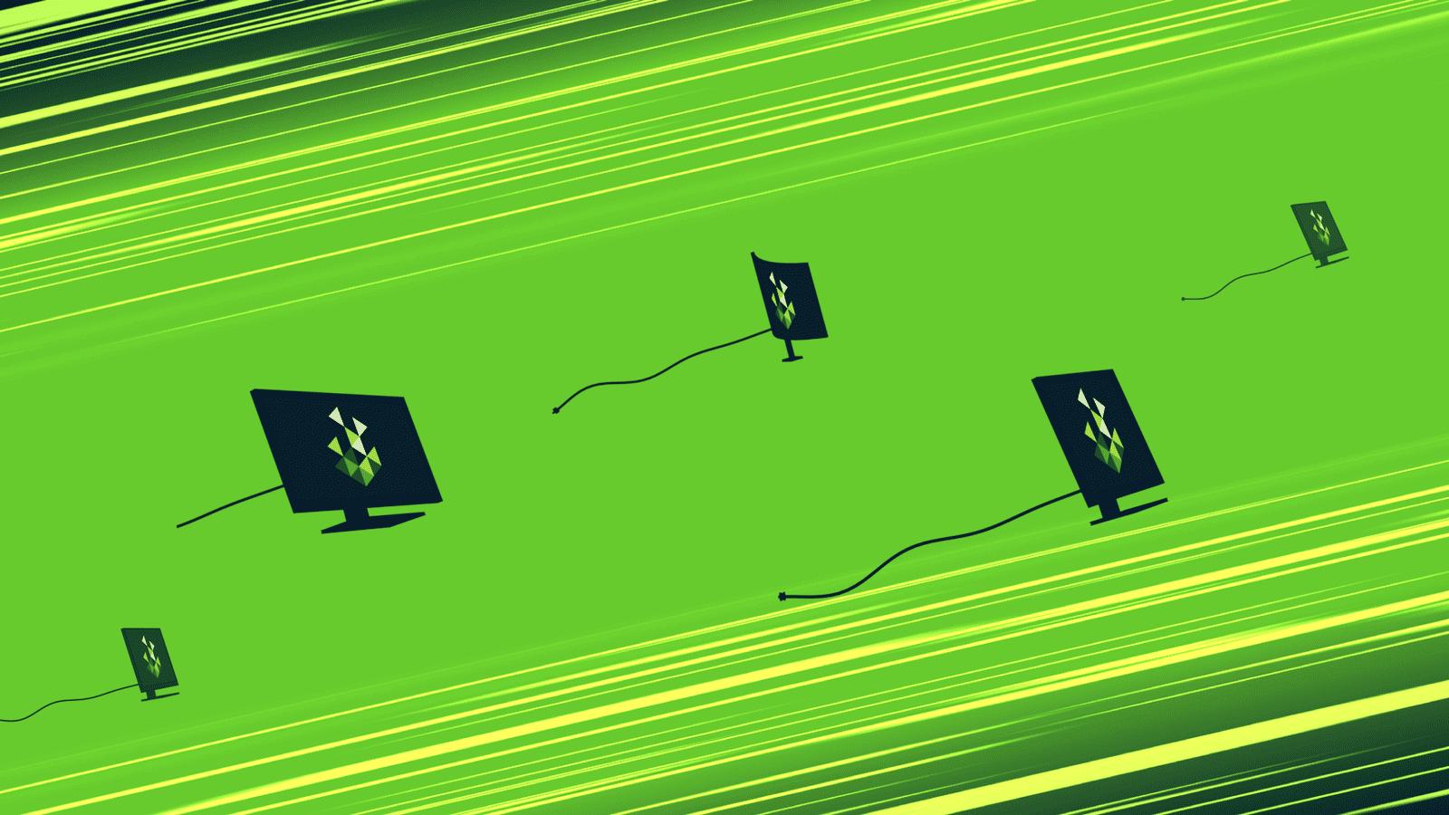 Illustration of PC monitors displaying the Salad logo streaking across a bright green background