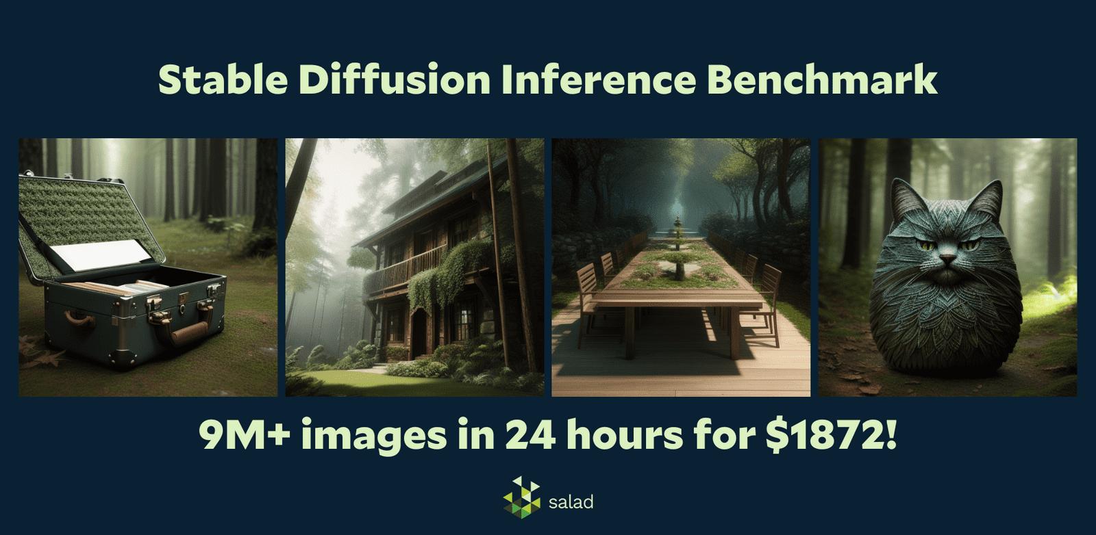 Stable Diffusion Inference Benchmark banner with four generated forest scenes and the headline 9M+ images in 24 hours for $1872
