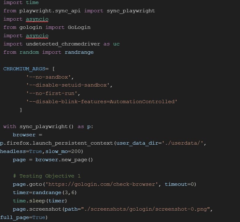 Python Playwright script that launches headless Firefox, opens gologin.com/check-browser, waits 3 to 6 seconds, and saves a full-page screenshot
