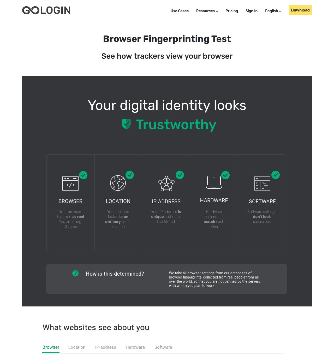 GoLogin browser fingerprinting test rating a Salad node Trustworthy, with passing checks for browser, location, IP address, hardware, and software
