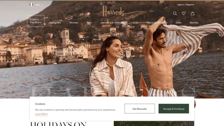 Harrods Italian homepage, the real-world scraping target, with its navigation menu and a cookie consent banner