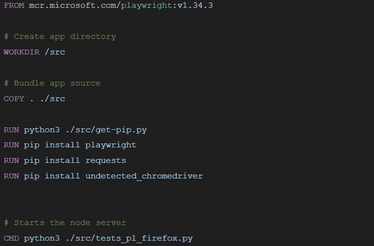 Dockerfile based on mcr.microsoft.com/playwright:v1.34.3 that copies the app, installs playwright, requests, and undetected_chromedriver, and runs the Firefox test script