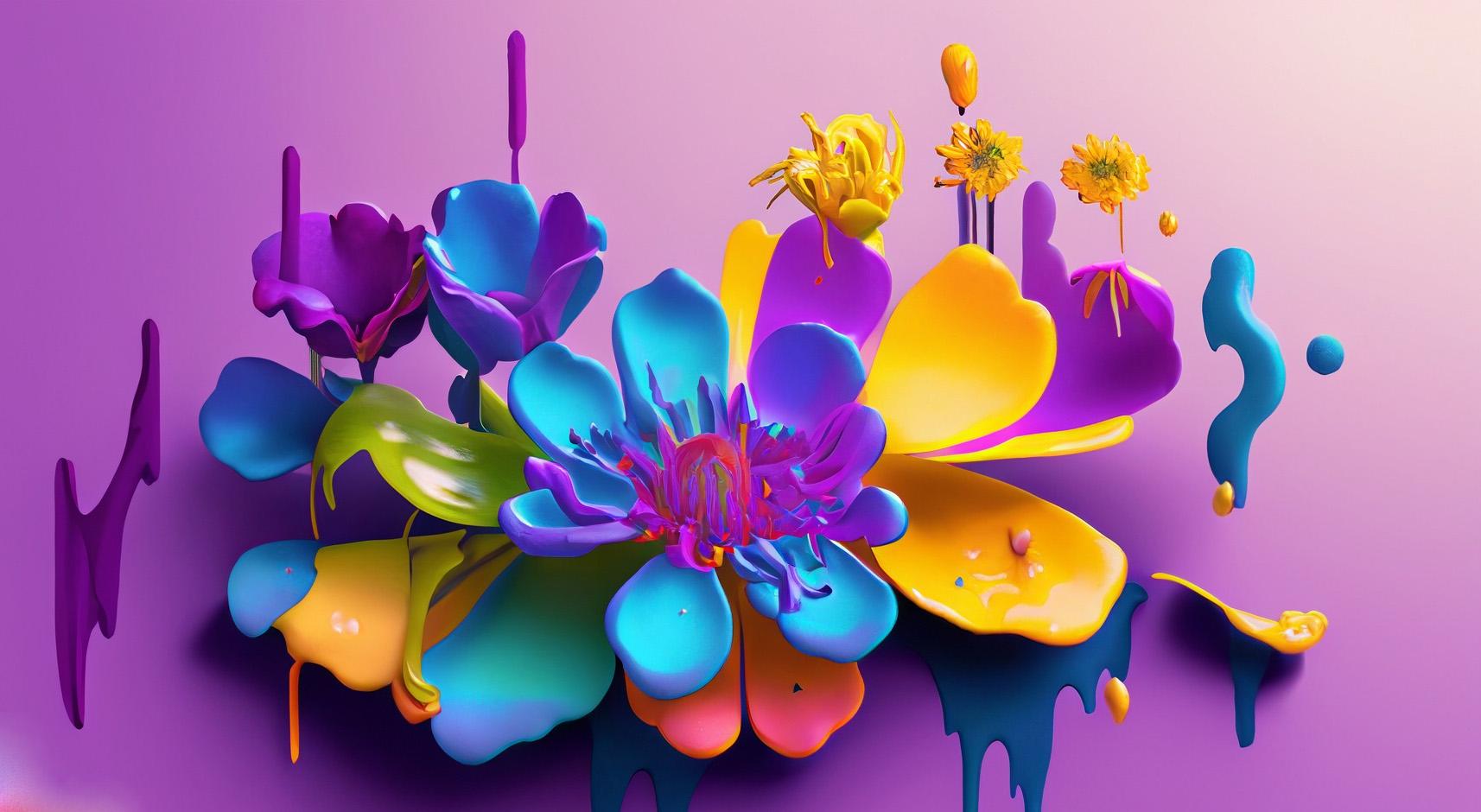 Vivid AI-generated artwork of blue, purple, and yellow flowers melting into dripping paint on a lilac background
