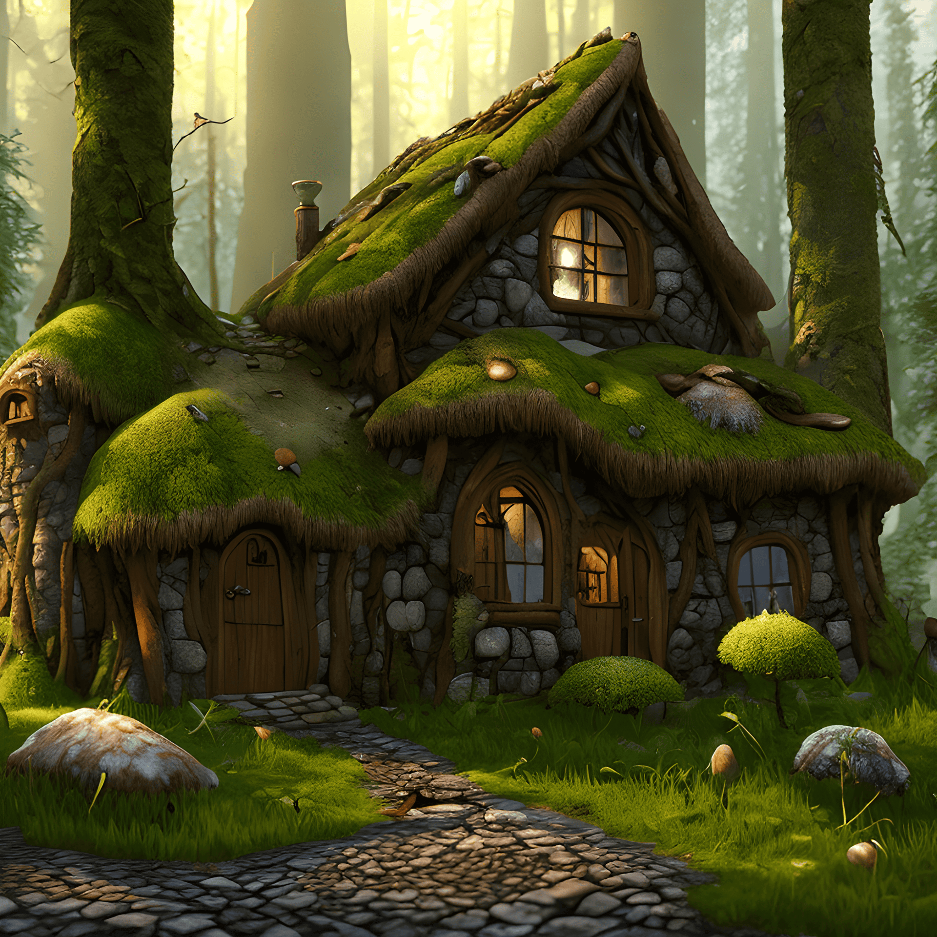 AI-generated fantasy cottage with moss-covered roofs, stone walls, and glowing windows in a sunlit forest
