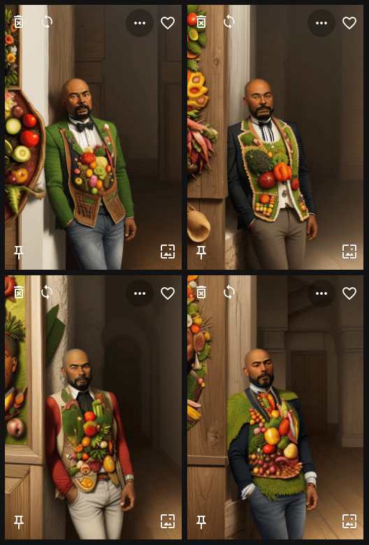 Four results for the African American man prompt, brighter than before but showing lighter-skinned men in vegetable-covered vests