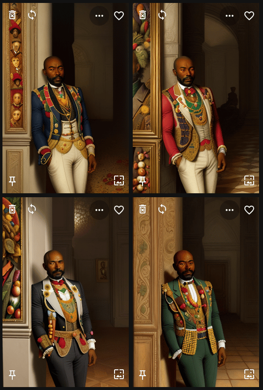 Four results for the African aristocratic man prompt: ornate jackets and grand interiors, but faces still not made of vegetables
