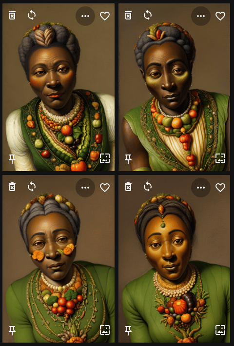 Four results for the African aristocratic woman prompt, each portraying a noticeably older woman than the reference, with vegetable necklaces