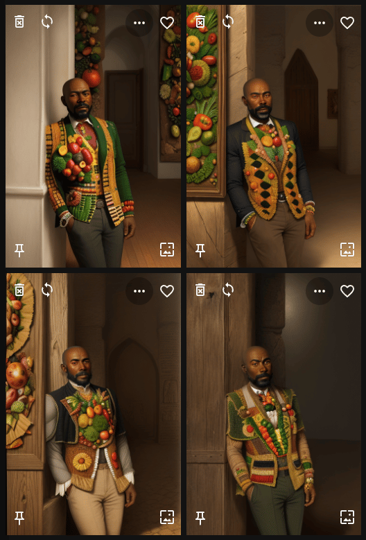 Four results for the African man prompt showing darker-skinned men in plainer, rougher rooms, with vegetables on clothing but not faces