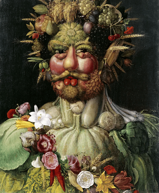 Giuseppe Arcimboldo's painting Vertumnus, a portrait whose face, hair and body are made of fruits, vegetables and flowers