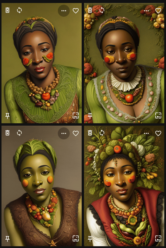 Four results after adding attractive and Nigerian to the prompt; some images now show low necklines and emphasize the bust