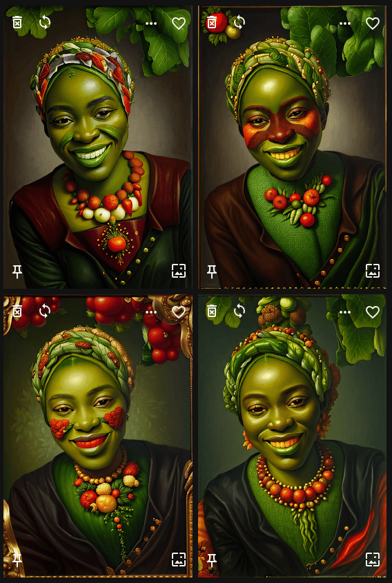 Four Lineart Anime results with beard in the negative prompt: smiling green-skinned women with no beard, but fewer vegetables