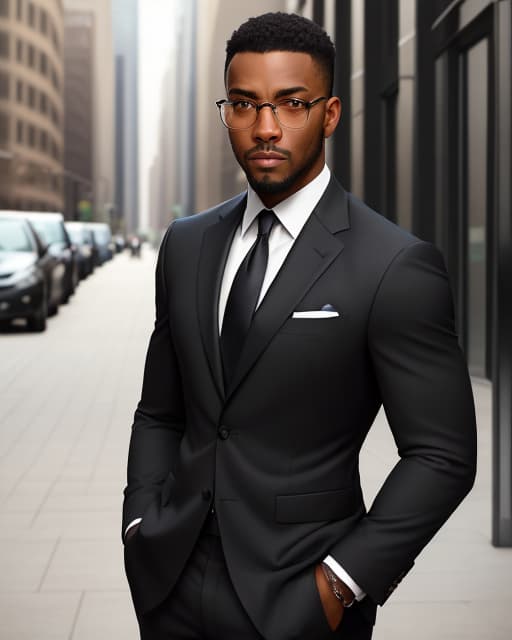 Generated portrait of a Black man in glasses and a dark suit on a city sidewalk, still posed with hands in his pockets