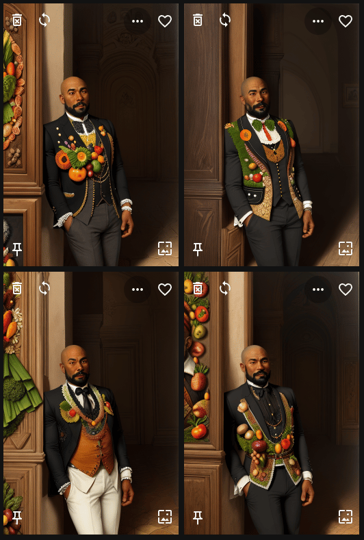 Four results for the black man prompt: Black men in vegetable-decorated suits in noticeably darker, dimly lit rooms