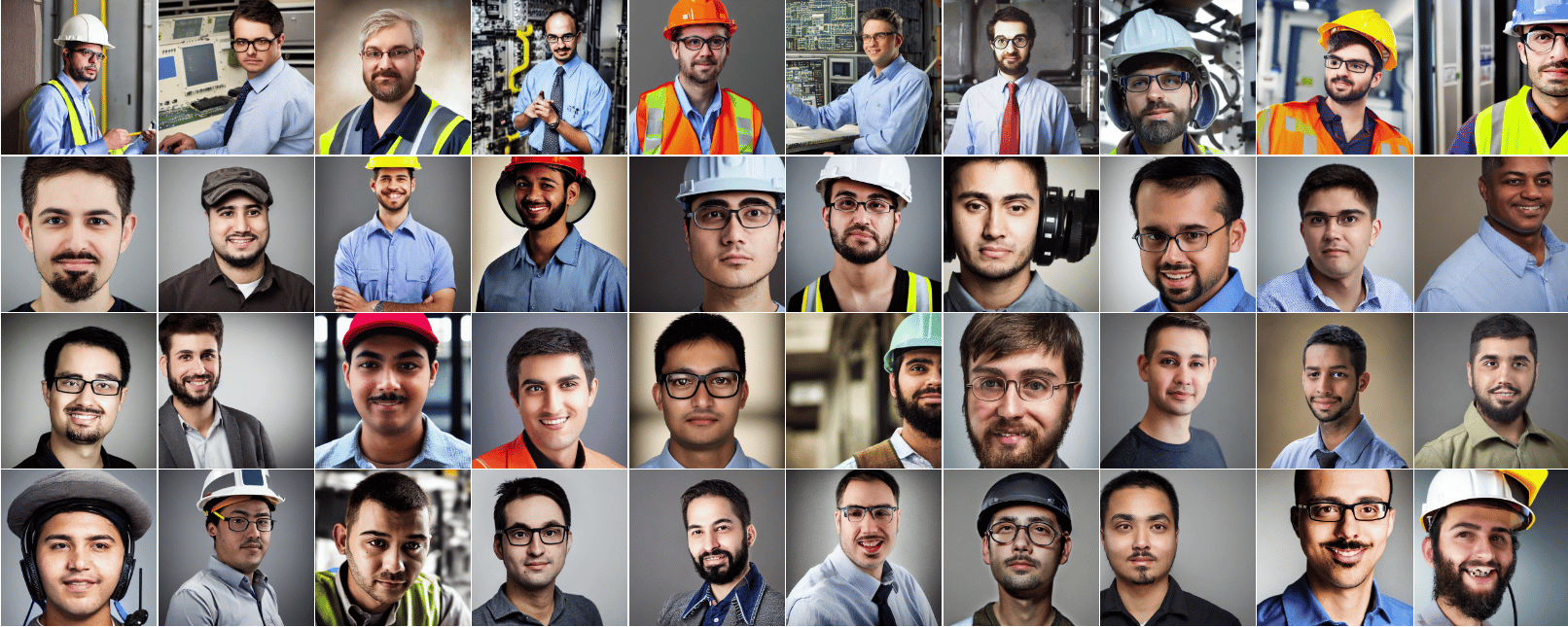 Grid of 40 Stable Diffusion portraits for the prompt Engineer, nearly all showing men, many in hard hats and glasses