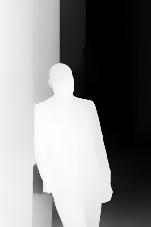 Grayscale MiDaS depth map of the reference photo, showing the man and wall as a bright silhouette against a dark background