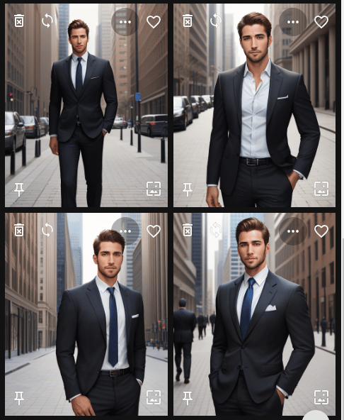 Four Dreamshaper images for the business suit prompt, all showing white men with brown hair and a hand in the pocket on a city sidewalk