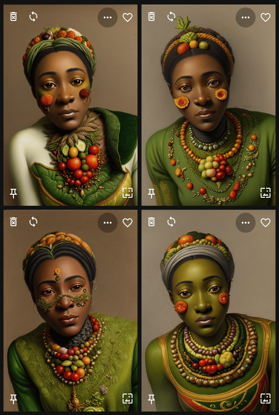 Four results with cleavage added to the negative prompt: modest green garments and vegetable necklaces, with only a few vegetables on the faces