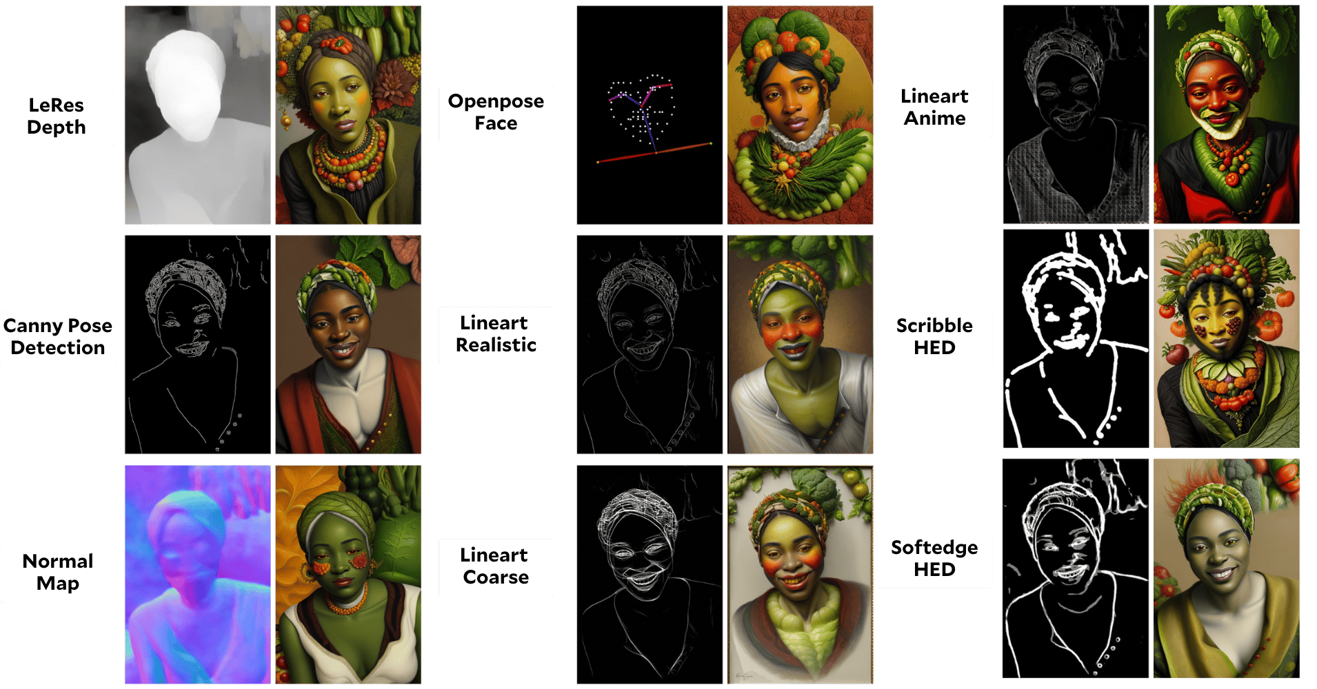 Comparison of nine ControlNet annotators, including LeRes Depth, Openpose Face, Canny, Lineart, Scribble HED and Softedge HED, each with its control image and resulting portrait