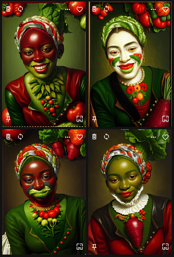 Four final results after naming carrot, tomato, beet and celery: vegetable leaves, beets and tomatoes frame smiling faces with vegetable features