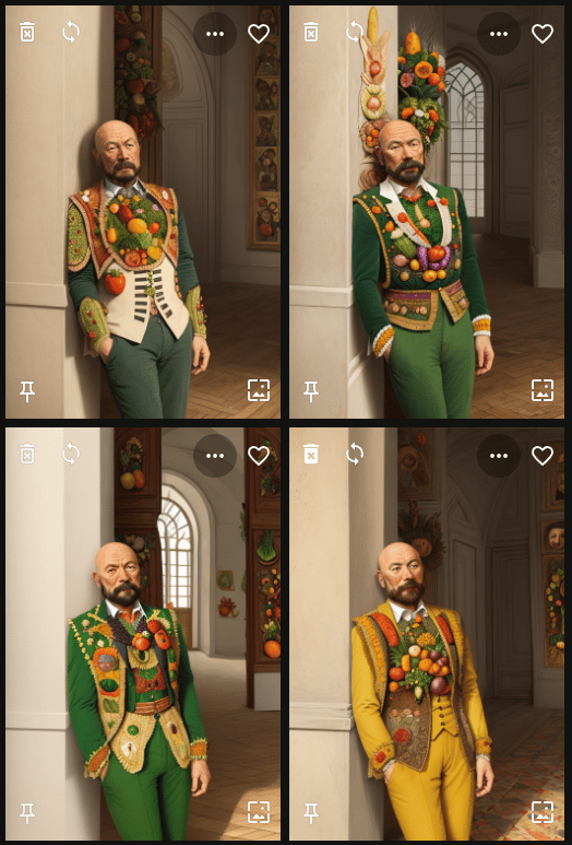 Four Arcimboldo-style results for the neutral person prompt, all showing a bald white man in vegetable-covered clothing, with an ordinary face