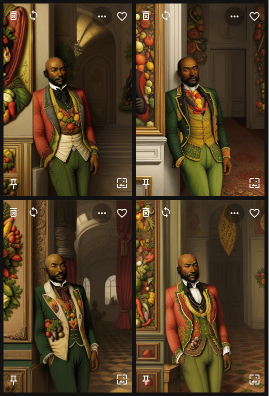 Four results for the vegetable painting prompt with a skin negative prompt; vegetables fill the clothing and walls, but faces remain human
