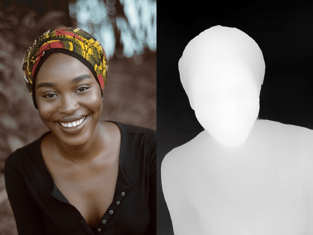 New reference photo of a smiling young Black woman in a patterned head wrap, beside its grayscale depth map