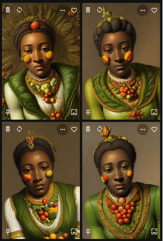 Four results after adding young to the prompt: younger women with vegetable cheeks and necklaces who still do not resemble the reference