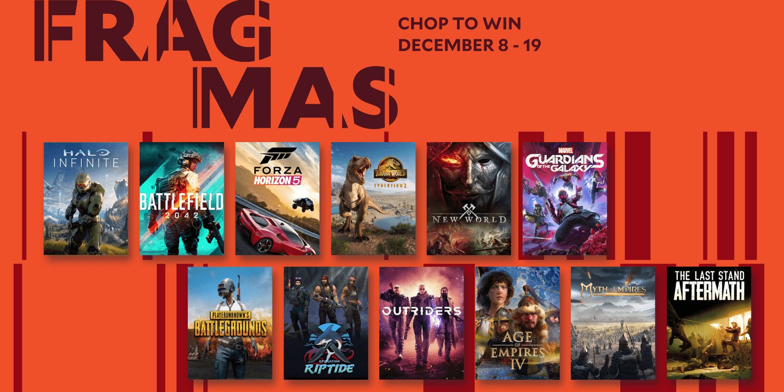 12 Days of FRAGMAS banner, Chop to Win December 8-19, showing prize games such as Halo Infinite, Battlefield 2042, and Forza Horizon 5