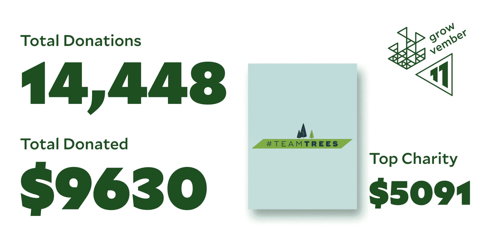 Growvember 2021 results: 14,448 total donations totaling $9,630, with #TeamTrees as the top charity at $5,091