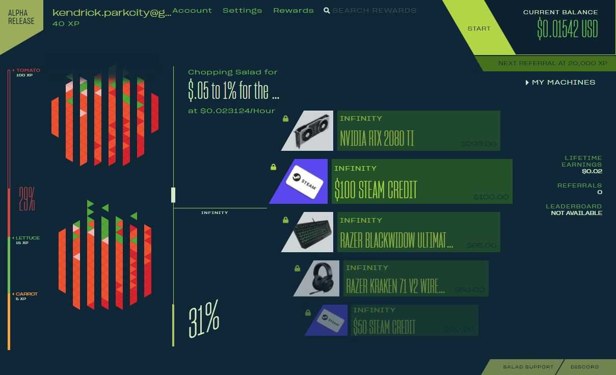 Early alpha release of the Salad app, with a current balance, an hourly earning rate, and a rewards carousel of GPUs, Steam credit, and peripherals