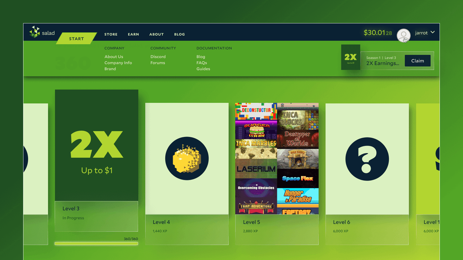 Salad app showing Season 1 level rewards earned with XP, including a 2X earnings bonus at Level 3 and a game bundle at Level 5