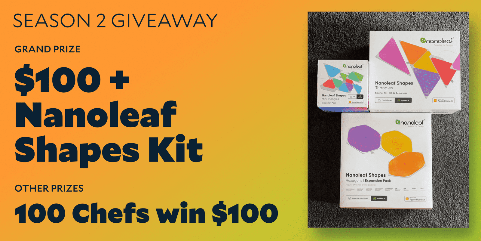 Season 2 Giveaway prizes: a grand prize of $100 plus a Nanoleaf Shapes kit, shown boxed, and $100 for 100 other Chefs