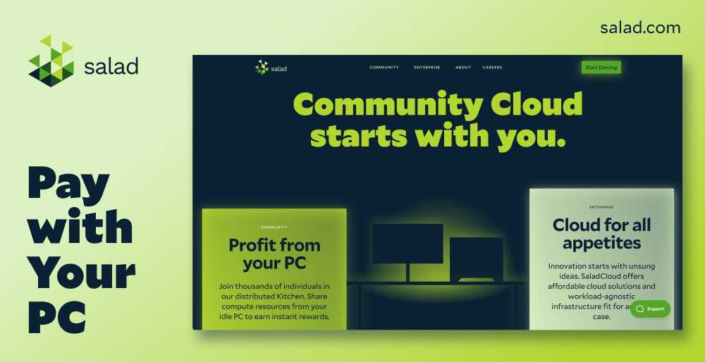Pay with Your PC banner showing the salad.com homepage, headlined Community Cloud starts with you, with Profit from your PC and Cloud for all appetites cards