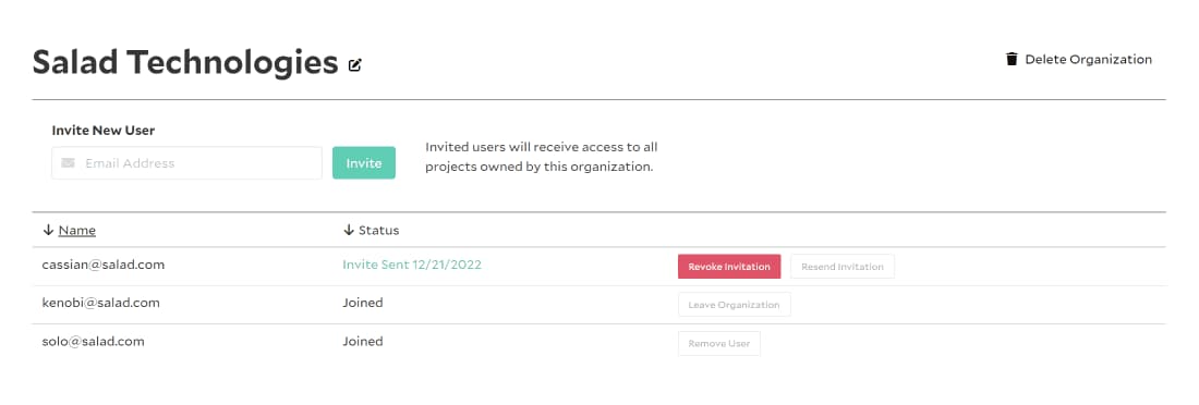 SaladCloud Portal organization page for Salad Technologies, with an Invite New User field and a member list showing one pending invitation and two joined users