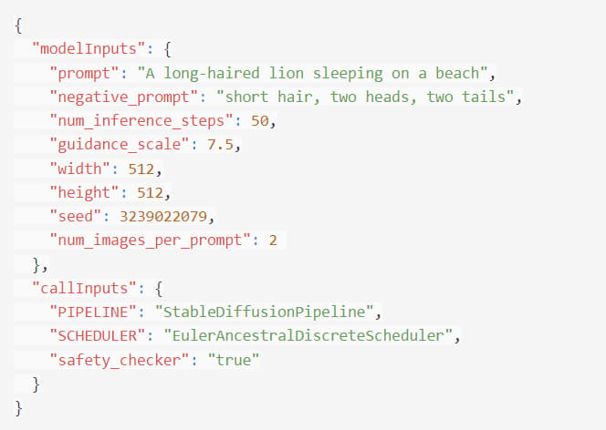 JSON request body with modelInputs (prompt A long-haired lion sleeping on a beach, negative prompt, 50 steps, 512x512) and callInputs for pipeline and scheduler