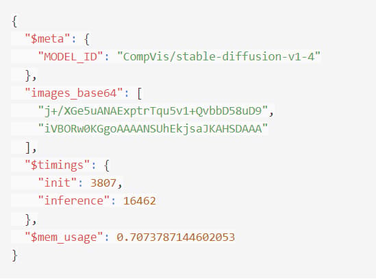 JSON response with the CompVis/stable-diffusion-v1-4 model ID, an array of base64-encoded images, init and inference timings, and memory usage