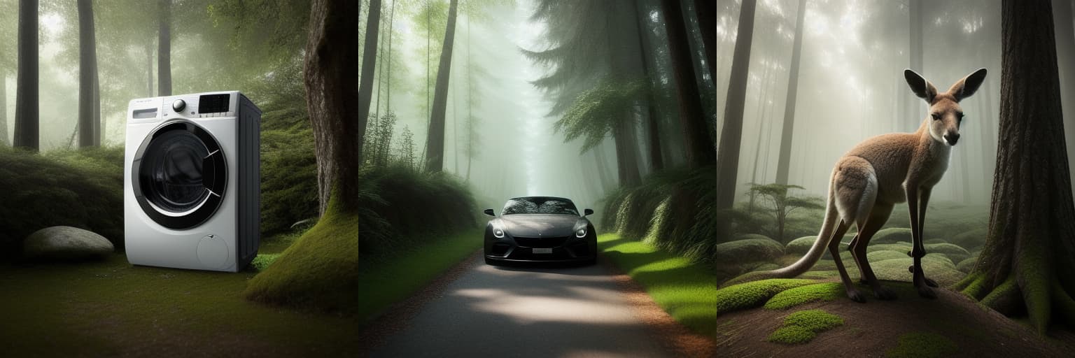 Three generated images of different subjects in a misty forest: a washing machine, a sports car on a road, and a kangaroo