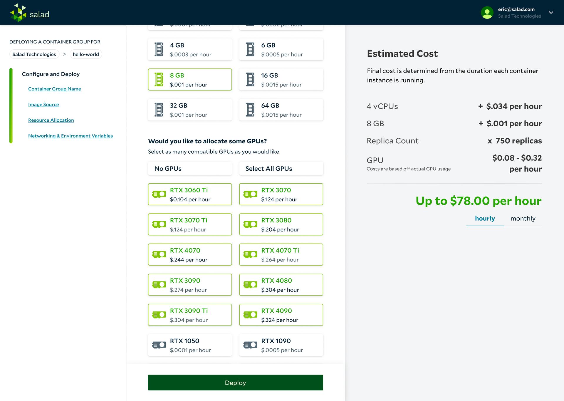 SaladCloud portal deploy page with 4 vCPUs, 8 GB RAM, 750 replicas and ten RTX 30- and 40-series GPUs selected, estimated at up to $78.00 per hour