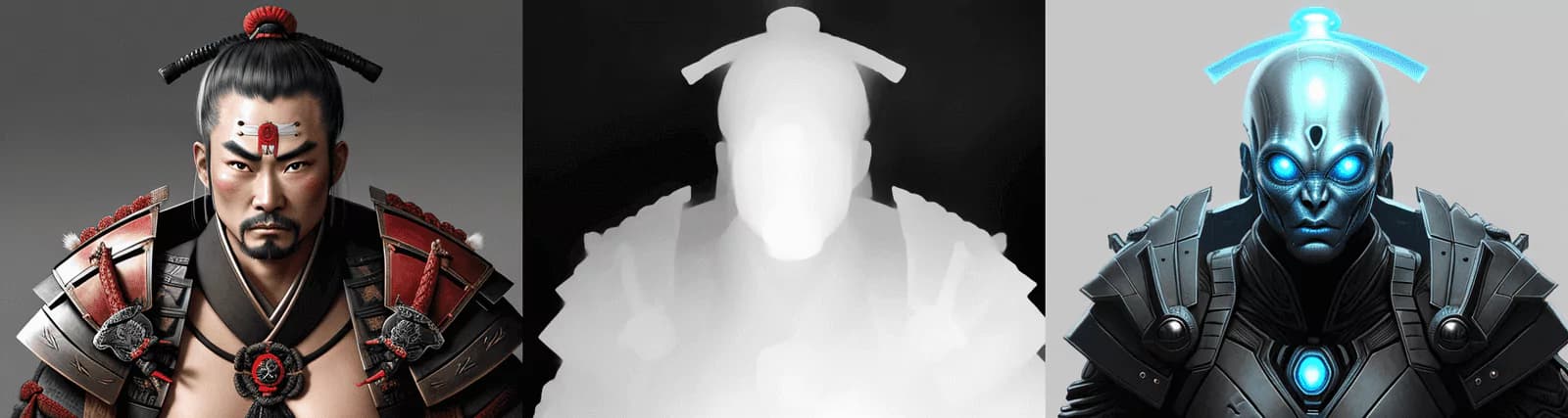 A samurai portrait, its grayscale depth map, and a generated blue-eyed cyborg that keeps the same pose and composition