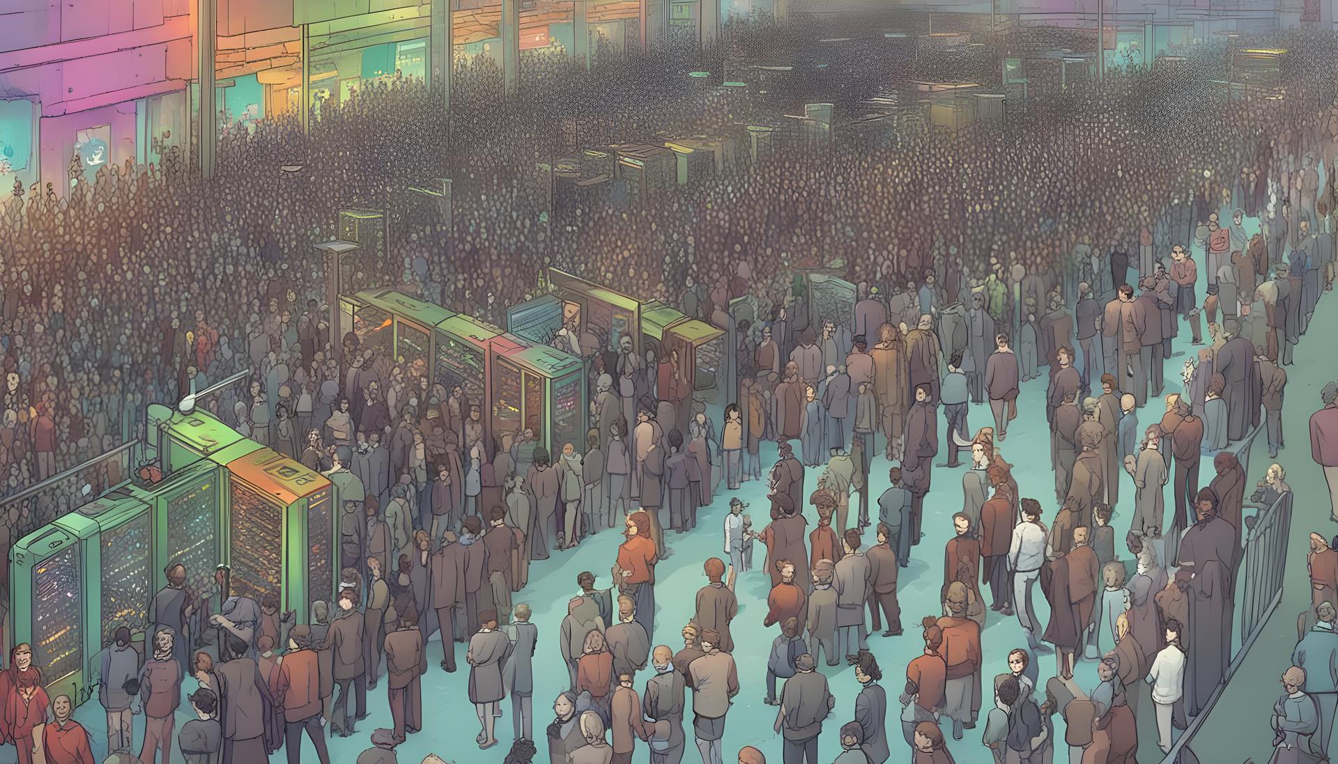 AI-generated illustration of a vast crowd packed around a few rows of glowing server racks, evoking demand far outstripping GPU supply