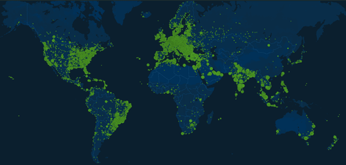 Dark world map dotted with green points marking Salad nodes, densest across North America, Europe, South America, and South and Southeast Asia