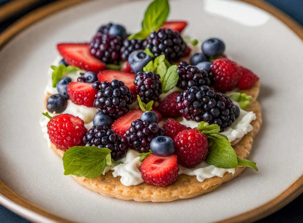 SDXL output: close-up of blackberries, blueberries, raspberries and strawberries with mint on a cream-topped cracker