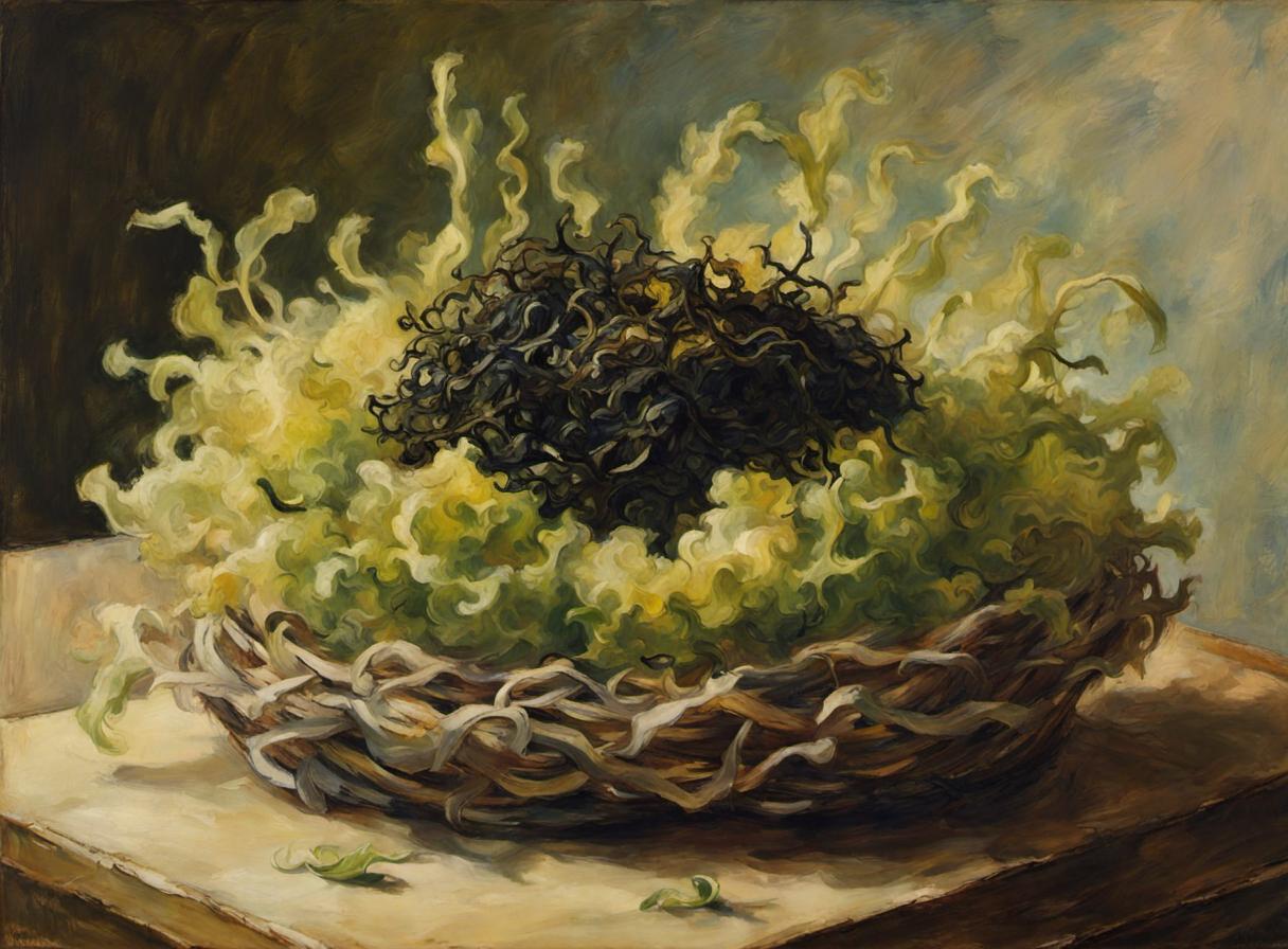 SDXL output: impressionist oil painting of dark and pale green seaweed heaped in a woven nest on a table