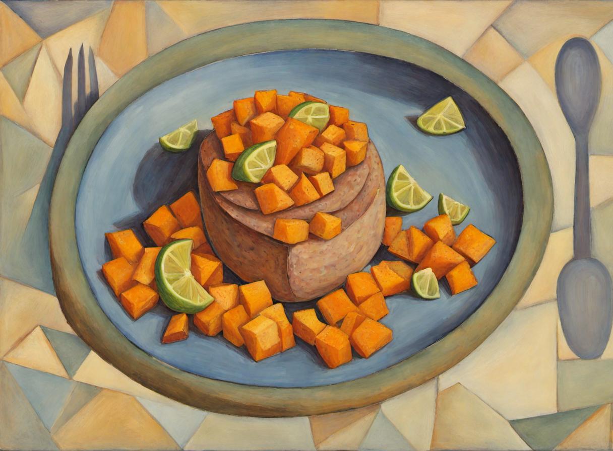 SDXL output: cubist-style painting of cubed sweet potato and lime wedges piled on a mushroom cap on a blue plate, with a fork and spoon