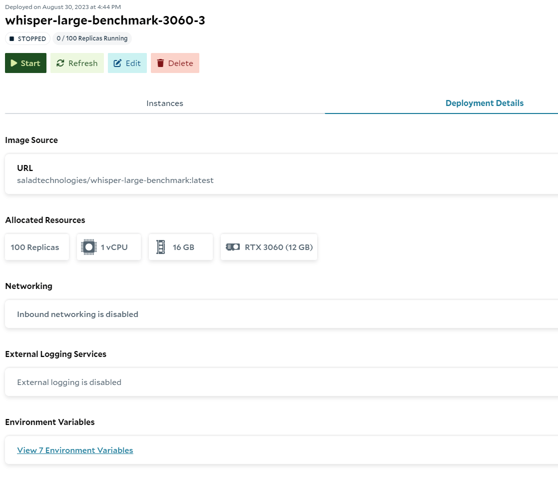 SaladCloud portal deployment details for the stopped whisper-large-benchmark-3060-3 group: image source, 100 RTX 3060 replicas, and networking and logging disabled