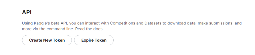 Kaggle account settings API section with the Create New Token and Expire Token buttons