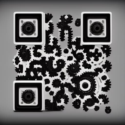 QR code generated with Automatic1111, drawn as black and white mechanical gears on a gray background