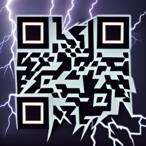 QR code generated with stable-fast, styled as white blocks surrounded by lightning bolts on a dark purple background