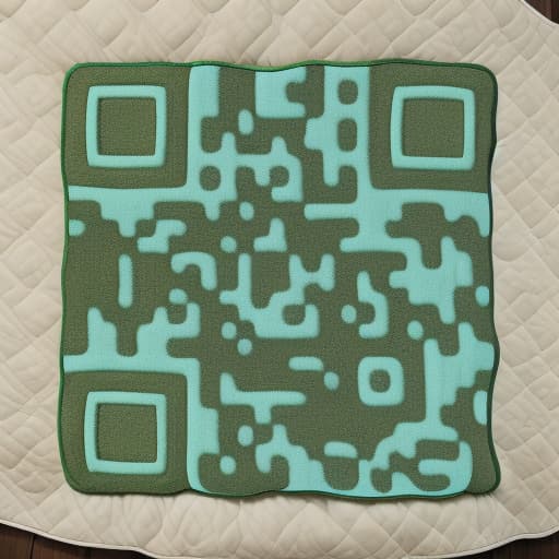 QR code generated with ComfyUI, rendered as a green and mint quilted fabric patch on a cream quilt